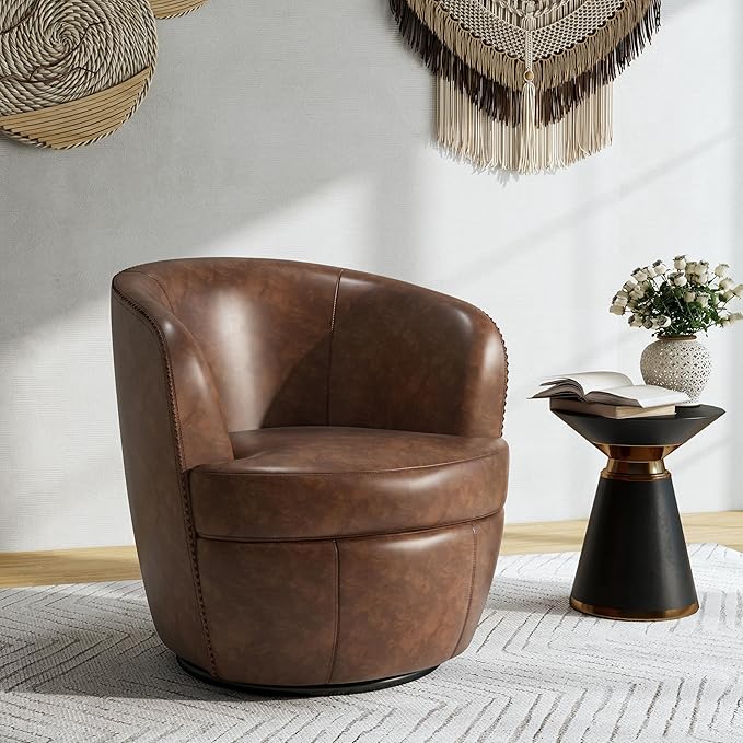 Swivel Barrel Chair, Modern Round PU Leather Accent Armchair for Living Room, Bedroom, Comfy Club Reading Chairs for Adults (Leather Coffee, Set of 1)
