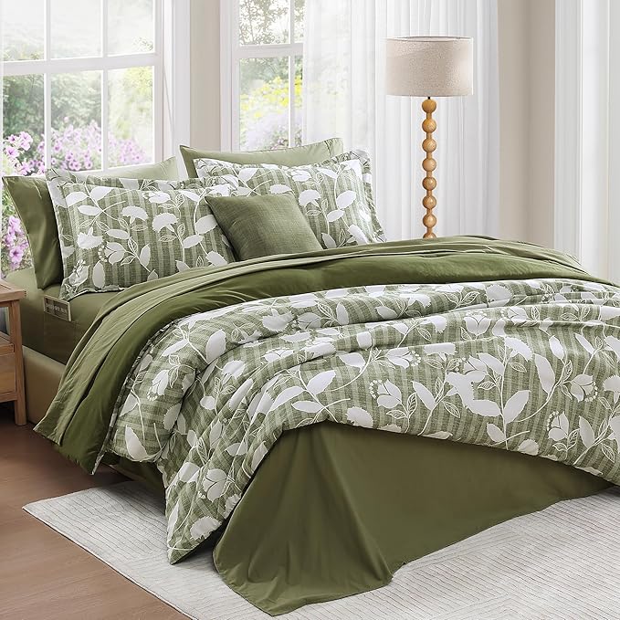 Queen Comforter Set -7 Pieces Botanical Olive Green Comforter for All Seasons, Bed in a Bag Queen with Flowers Floral Comforter, Sheets, Pillowcases & Shams