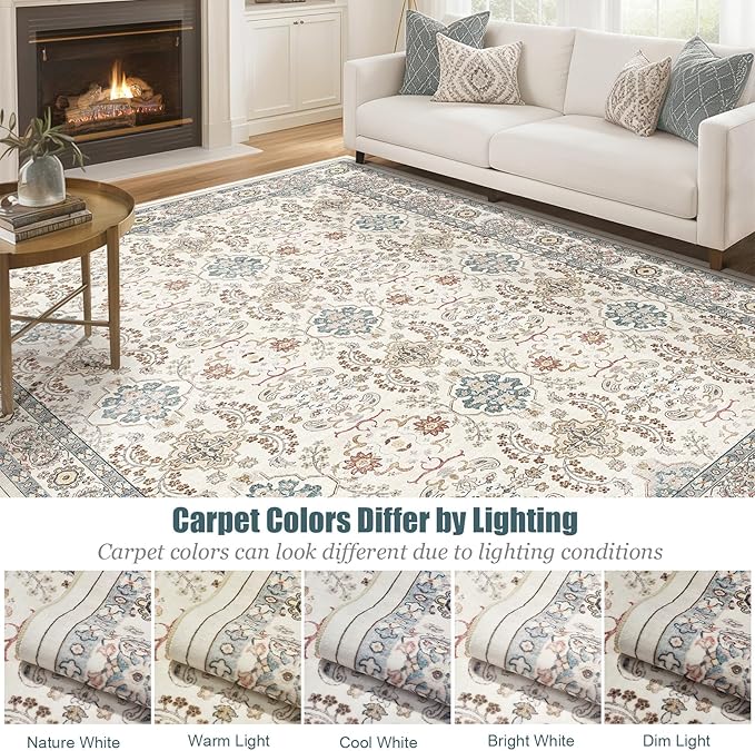 Area Rugs for Living Room: 9x12 Washable Rug Vintage Boho Floral Print - Ultra Thin Stain Resistant Large Soft Non Slip Foldable Carpets for Bedroom Dining Room Office Nursery - Multi