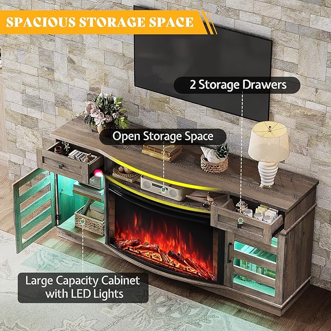 70" Farmhouse Curved Fireplace TV Stand, LED Light Entertainment Center Table with 36'' Upgrade Electric Fireplace TV Console Cabinet for TVs Up to 80", Wash Grey