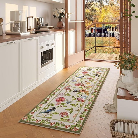 Runner Rug for Kitchen 2'x6' Washable Rugs with Rubber Backing Non Slip Soft Floral Bird Magpies Animal Carpet Runner for Kitchen, Laundry, Bedroom, Bathroom (White)