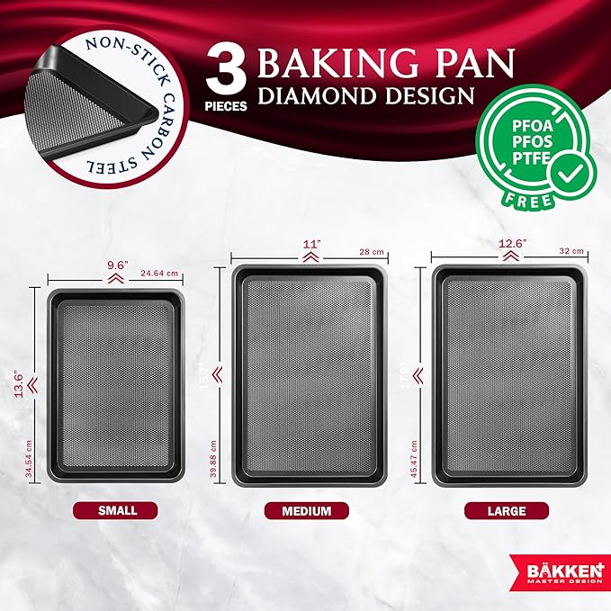 BAKKEN Kitchen Baking Pans - Small, Medium, and Large Cookie Pan (13.58×9.65, 15.75×11, 17.91×12.60), Nonstick, Diamond Texture Bottom, PFOA, PFOS, PTFE Free, Oven Safe Tray (450°F), Pack of 3, Gray