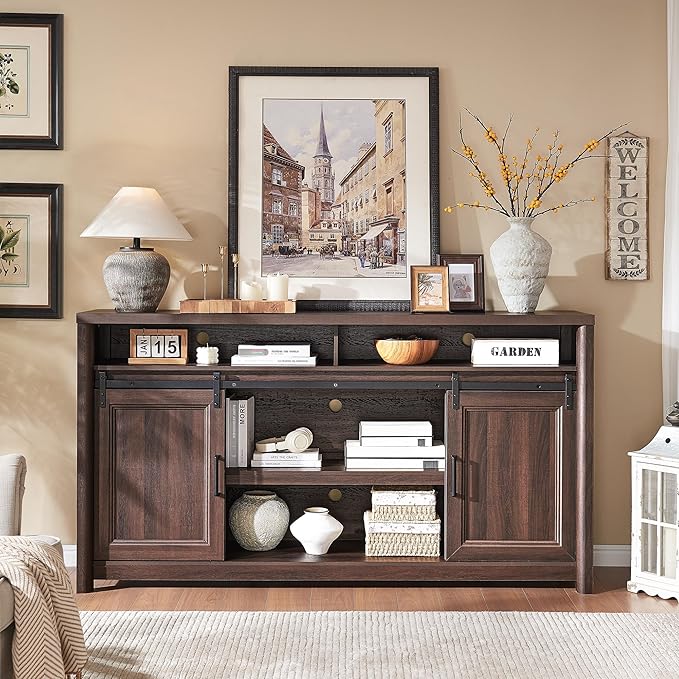 Farmhouse TV Stand for Living Room, Entertainment Center with Storage, Walnut TV Console for Bedroom, Media Storage Cabinet with Sliding Barn Doors & Adjustable Shelves, Fits 80 Inch TV, Rustic Wood