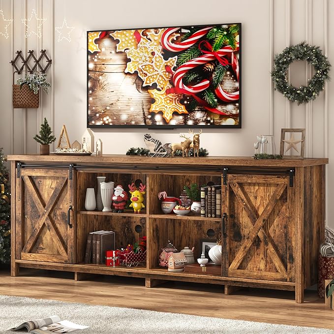Farmhouse TV Stand for 80 Inch TV with Sliding Barn Door, Rustic Wood Entertainment Center Large Media Console Cabinet Long Television Stands,Console Table and Media Furniture for Living Room(Brown)