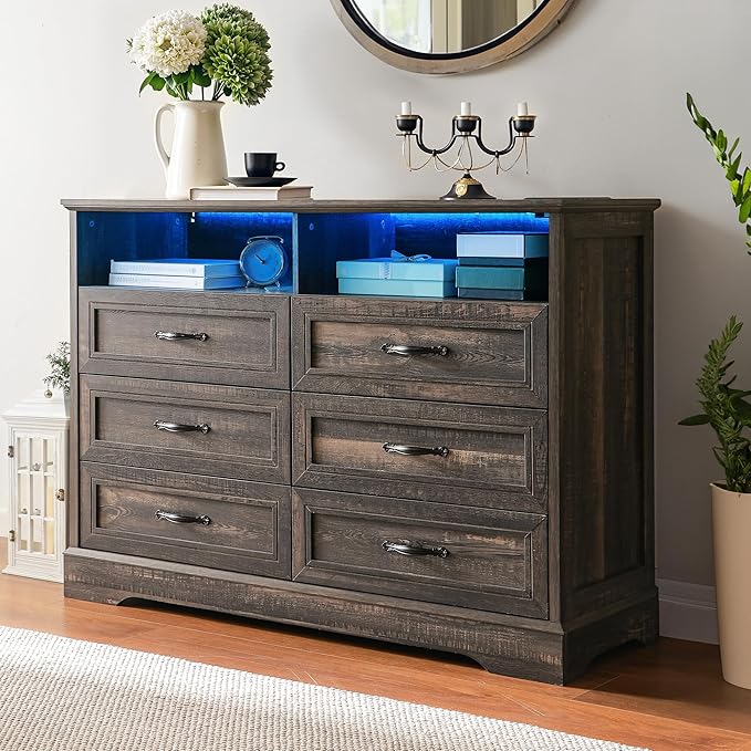 Dressers for Bedroom,6 Drawers Dresser with LED Light,Power Outlets and Open Shelves,Chests of Drawers for 65 inch TV, for Hallway, Entryway, Dark Rustic Oak
