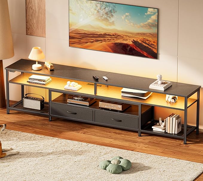 Huuger 79 Inch TV Stand for 85, 90 Inch TV, Entertainment Center with LED Lights and Power Outlets, TV Console with Drawers, Shelves, Type C, PU Leather Surface, for Living Room, Black