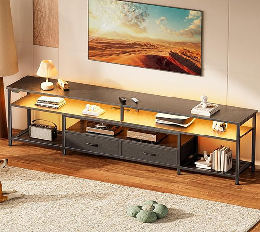 Huuger 79 Inch TV Stand for 85, 90 Inch TV, Entertainment Center with LED Lights and Power Outlets, TV Console with Drawers, Shelves, Type C, PU Leather Surface, for Living Room, Black