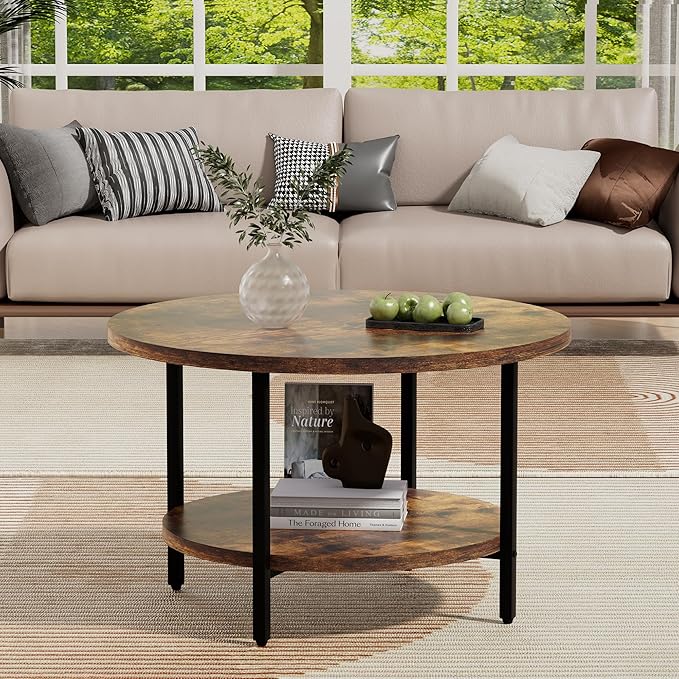 Coffee Table, 2 Tier Coffee Tables for Living Room, Round Coffee Table with Storage, Floor Table for Bedroom, Home Office, Rustic Brown (27.6" D x 17.7" H)