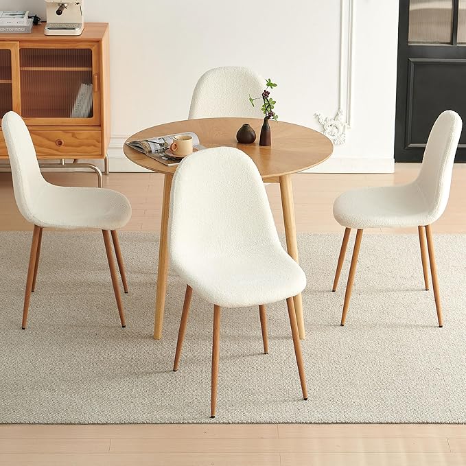 Small Oak Round Dining Table Set for 4, Modern 35'' Kitchen Coffee Table with 4 White Teddy Velvet Dining Chairs for Dining Room Apartment