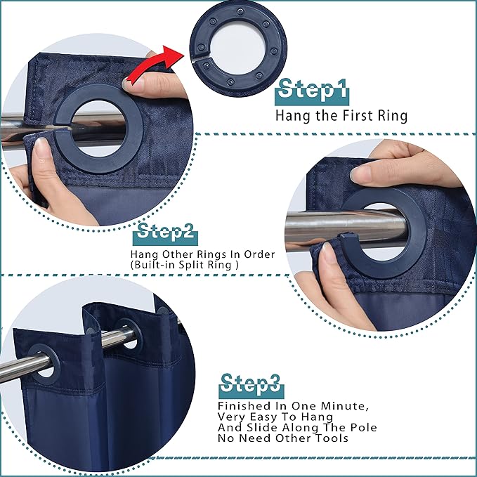 Conbo Mio Extra Wide No Hook Shower Curtain with Snap in Liner Set, 108" x 74" Hotel Luxury Navy Blue Shower Curtains for Bathroom with See Through Top Window, Waterproof, Washable 108W x 74H