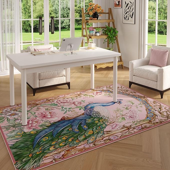 Bedroom Rug 3x5 Rug Washable Area Rug Low Pile Floral Peacock Animal Small Carpet for Bedroom, Bedside, Kitchen, Entryway, Kids Room, Office, College Dorm(Pink)