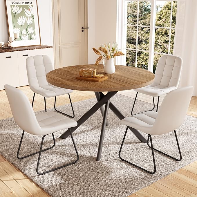 45.3 Inch Round Dining Table Set for 4, Mid Century Modern Small Coffee Set for Dining Room Kitchen Apartment (Light Walnut + 4 U-Shaped White Chairs)