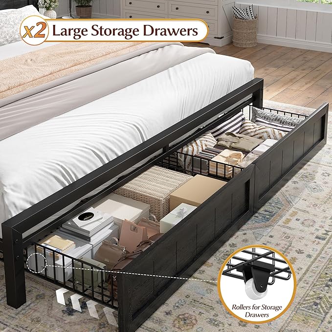 EnHomee King Size Bed Frame with Headboard and Storage, 2 Drawers & LED Farmhouse King Bed Frame with Storage Built in Charging Station,NO Noise,No Box Spring Needed,Black