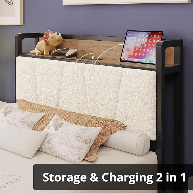 LIKIMIO Twin Bed Frames, Storage Headboard with Charging Station, Solid and Stable, Noise Free, No Box Spring Needed, Easy Assembly, Wood and Cream