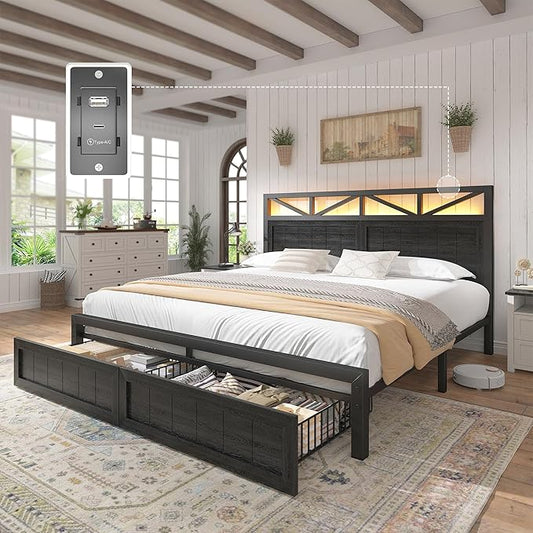 EnHomee Queen Size Bed Frame with 2 Storage Drawers and Headboard Built in Charging Station & LED Light,NO Noise,No Box Spring Needed,Black