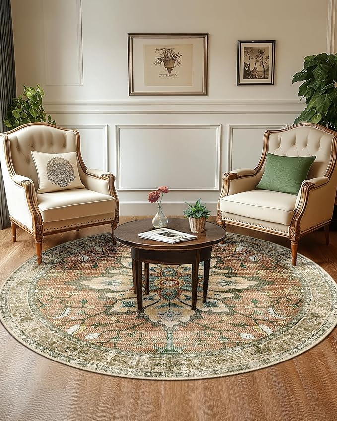 Area Rugs 6ft Washable Non-Slip, Floral Vintage Distress Print Pattern Medallion Carpet for Living Room Bedroom Dining Room, Brick Red Rust Neutral Brown Burnt Orange Green
