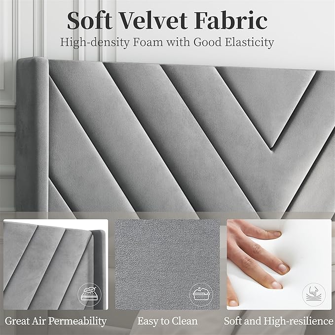 Yaheetech Queen Bed Frame Upholstered Platform Bed with Wing Side/Wooden Slat Support/Tufted Headboard with Wing Side/Mattress Foundation/No Box Spring Needed,Light Grey Queen Bed