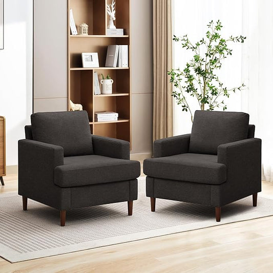 Mid-Century Accent Chair,Modern Linen Fabric Armchair for Living Room,Comfy Upholstered Reading Accent Chairs for Bedroom,Single Sofa Chair with Wood Legs (Dark Grey, 2 Pack)