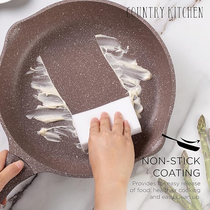 Country Kitchen Non-Stick Cast Aluminum Cookware Set - Durable Kitchen Cookware for Everyday Cooking, Chocolate Brown, 6 Pc.