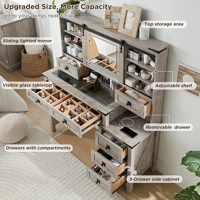 T4TREAM 48'' Farmhouse Makeup Vanity Desk with Sliding HD Mirror and Lights, Big Modern Lighted Vanity Table with 7 Drawers & Shelves, Rustic Large Dressing Table for Bedroom, Light Rustic Oak