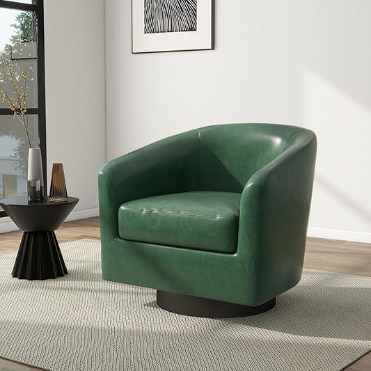 Swivel Barrel Chair, Modern Round PU Leather Accent Armchair for Living Room, Bedroom, Oversized Comfy Club Reading Chairs for Adults (Leather Green, Set of 1)