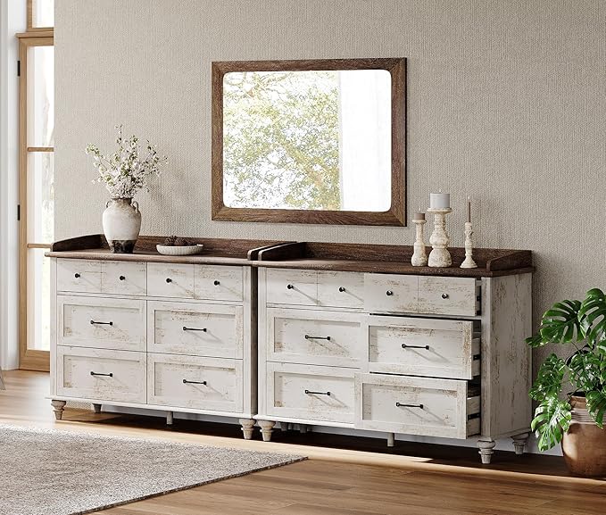 WAMPAT Wood Dresser Set of 2, Mid Century Modern Chest of Drawers, Wide Kids Dressers with 6 Drawers for Bedroom Living Room Entryway;Rustic White