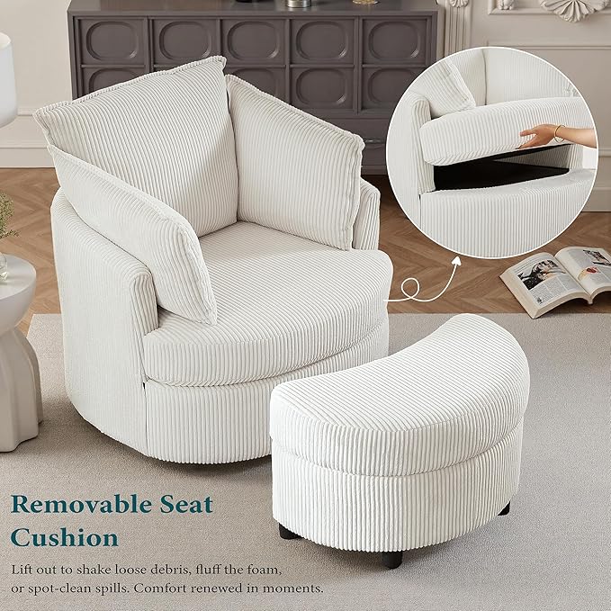 Swivel Accent Chair with Ottoman Comfy Reading Chairs for Bedroom Modern Corduroy Arm Chair 360°Swivel Barrel Chairs for Living Room,Apartment (White, 2)