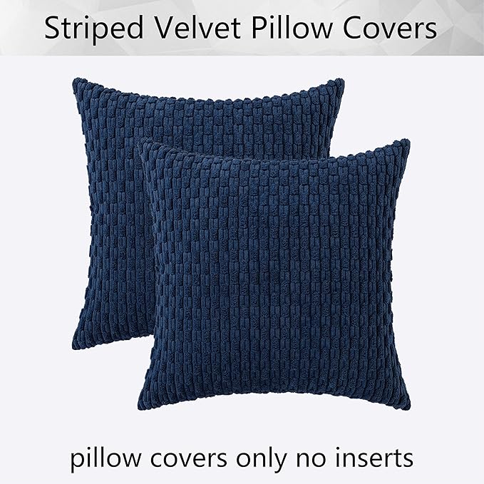 Kevin Textile Pillow Covers Decorative Set of 2 Striped Corduroy Plush Velvet Pillowcases Cushion Cover for Couch 18x18 Inch Navy Blue