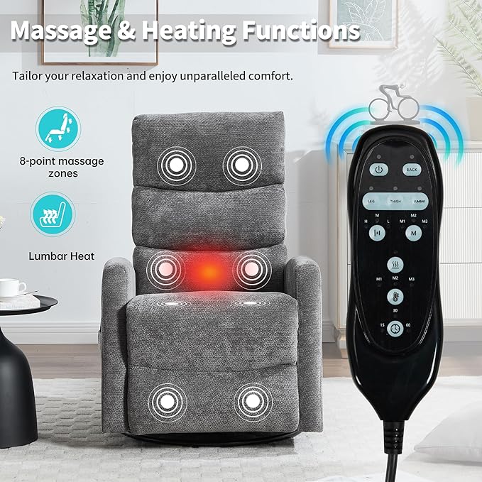 PELUMY Massage Recliner Chair with Heat - Manual Rocker Swivel Recliner, 360° Rotation & 155° Recline for Living Room（Linen Fabric, Grey）