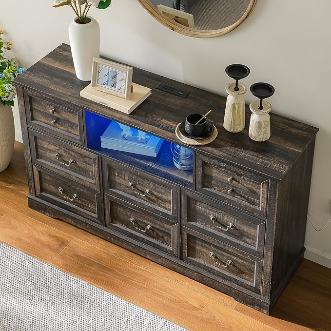 Dresser for Bedroom with Charging Station & Led Lights,55.02" TV Stand with 8 Drawers,Dressers & Chests of Drawers with Open Shelves,Hallway,Closet 55.02" W x 34.53" H x 15.77" D Rustic Oak