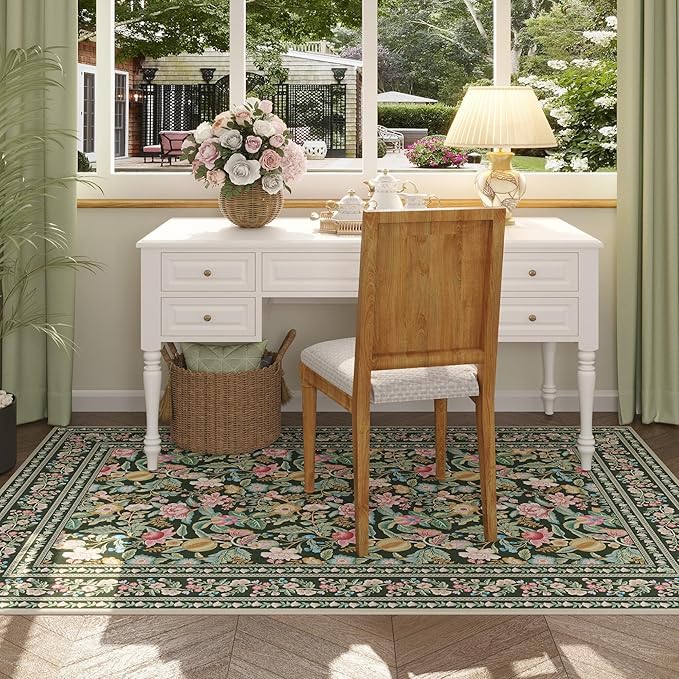 Area Rug 4x6 Rug Washable Vintage Floral Rugs Non Slip Low Pile Small Carpet for Bedroom, Bedside, Kids Room, Office, Dining Room, Green