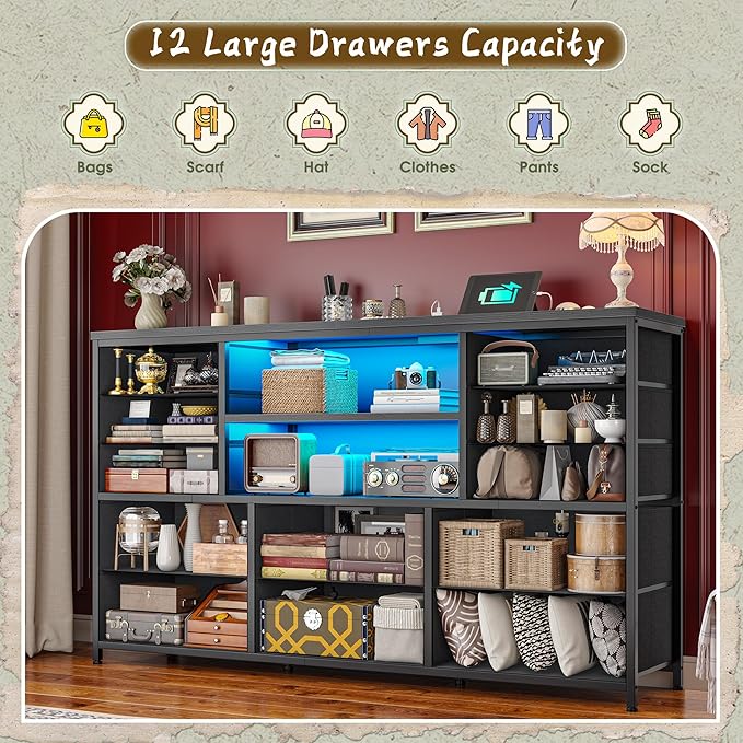 Black TV Stand with 12 Fabric Drawers for 55 inch TV, Entertainment Center with Charging Station & LED Lights, TV Media Console Table with 2 Open Storage Shelves for Living Room, Dorms, Wood Top