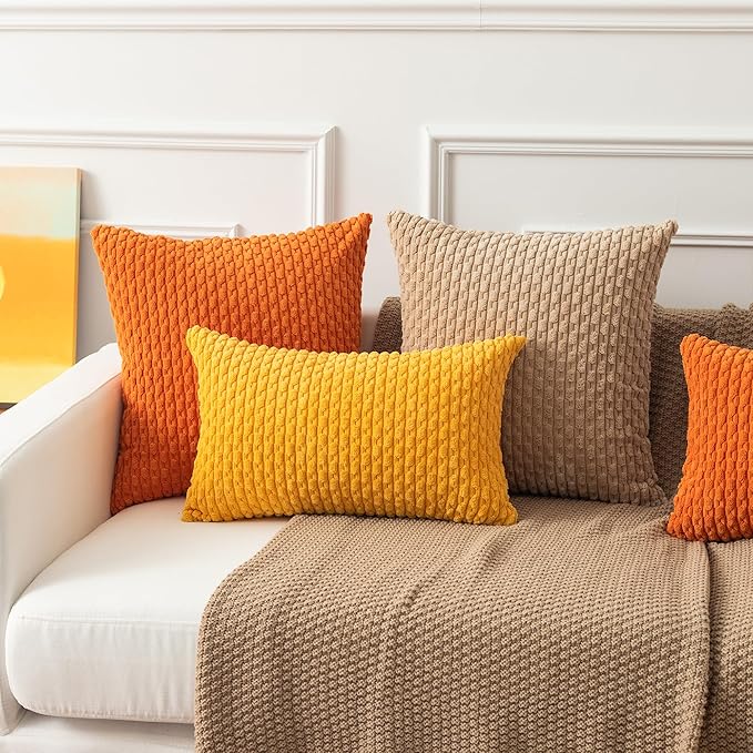 Kevin Textile 2 Packs Tan Decorative Throw Pillow Covers 20x20 Inch for Living Room Couch Bed Sofa Soft Striped Corduroy Square Cushion Case 50x50 cm Rustic Farmhouse Boho Home Decor