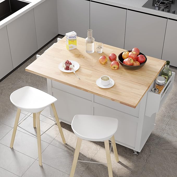 Kitchen Cart with Wood Top and Drop Leaf Breakfast Bar, Rolling Mobile Kitchen Island Table on Wheels with Drawer and Storage Cabinet, Spice Rack, Towel Rack, White