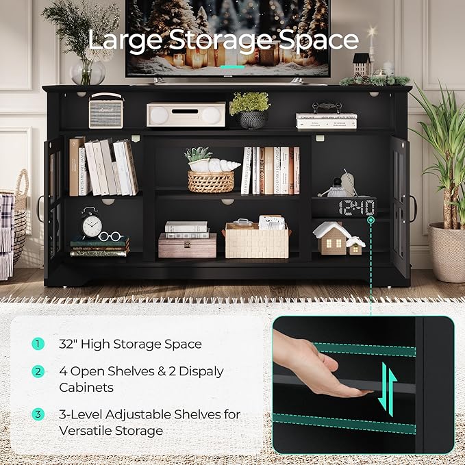LINSY HOME TV Stand for 65 Inch TV, 32" Tall Entertainment Center with LED Lights and Glass Door Storage Cabinet, Modern Farmhouse TV Media Console Table for Living Room, Black