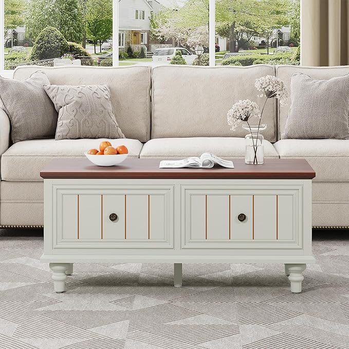 39" Lift Top Coffee Table for Hidden Compartment, Wood Coffee Tables with Shelf, Farmhouse Rectangular Center Table Dining Table for Living Room Home Office Small Space (Beige)