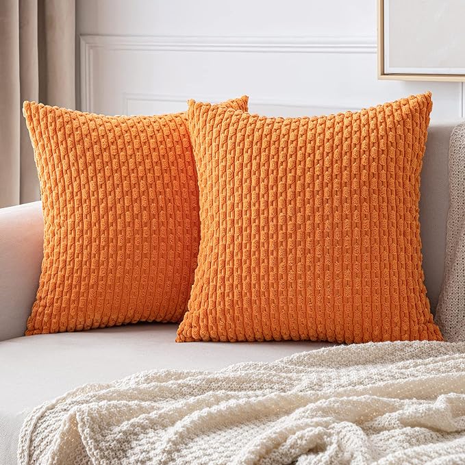 MIULEE Fall Orange Throw Pillow Covers Soft Corduroy Decorative Set of 2 Boho Striped Pillow Covers Pillowcases Farmhouse Home Decor for Halloween Couch Bed Sofa Living Room 20x20 Inch