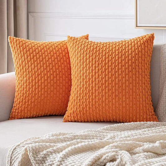 MIULEE Fall Orange Throw Pillow Covers Soft Corduroy Decorative Set of 2 Boho Striped Pillow Covers Pillowcases Farmhouse Home Decor for Halloween Couch Bed Sofa Living Room 20x20 Inch