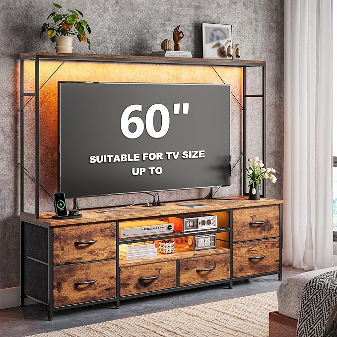 TV Stand for 55 60 inch TV, Large Wall Unit Entertainment Center with LED Lights & Power Outlets, TV Stands for Living Room, Closet, Entryway,13.8" D x 55" W x 61" H, Rustic Brown