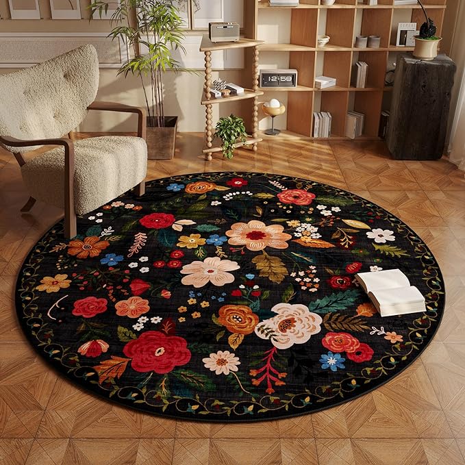 Round Rug 6ft Washable Circle Rug Non Slip Low Pile Boho Floral Small Circular Rug for Bedroom, Bathroom, Entryway, Kids Room, Office, College Dorm(Black)