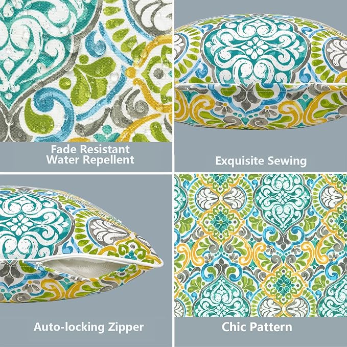 LVTXIII Outdoor Lumbar Pillow Covers 12"x20", Covers ONLY, 2 Pack 30x50cm Lumbar Cushion Cover with White Piping for Home Patio Garden Sofa Bench, Damask Green