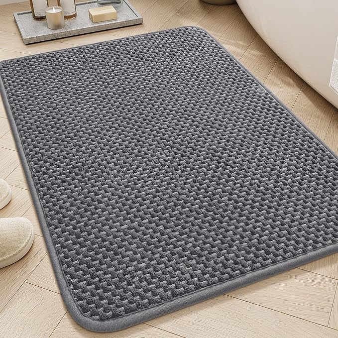 AMOAMI Chenille Bath Mat Super Absorbent Bathroom Mat Quick Dry Bath Mats for Bathroom Rubber Backed Bathroom Rugs Non Slip Washable Fit Under Door, Front of Bathtub, Sink, Darkgrey&LIGHTGREY 17"x24"