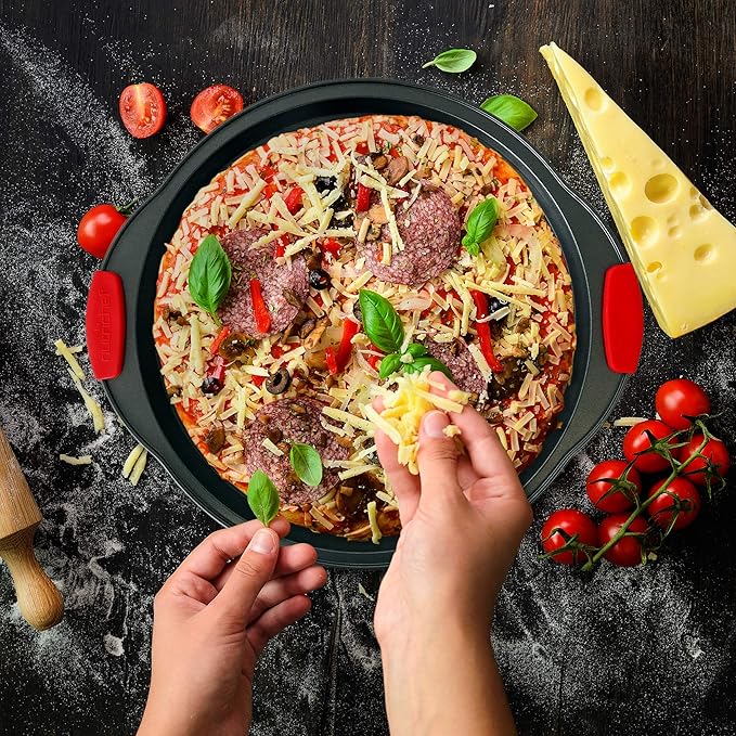 NutriChef Premium 10-Piece Bakeware Set - Flexible Nonstick Carbon Steel, Stylish Red Silicone Handles, Oven Safe Up to 450°F, Dishwasher Safe, Ideal for Baking Cakes, Muffins & More