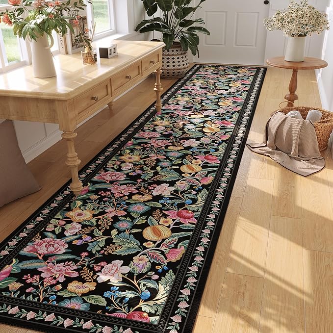 Runners for Kitchen Runner Rug Non Slip 2'x10' Long Washable Rugs with Rubber Backing Soft Vintage Floral Carpet Runner for Kitchen, Laundry, Bedroom, Bathroom, Black