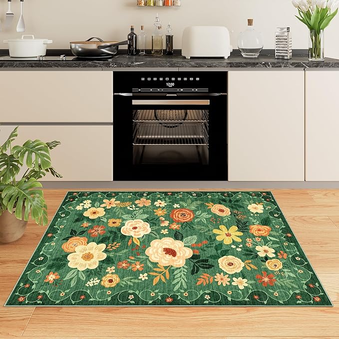 DUKINO 3x5 Area Rug, Floral Rugs for Living Room, Lightweight Non Slip Washable Rug, Indoor Low Pile & Non-Shedding Boho Design Rugs for Bedroom, Living Room, Dining Room, Dark Green