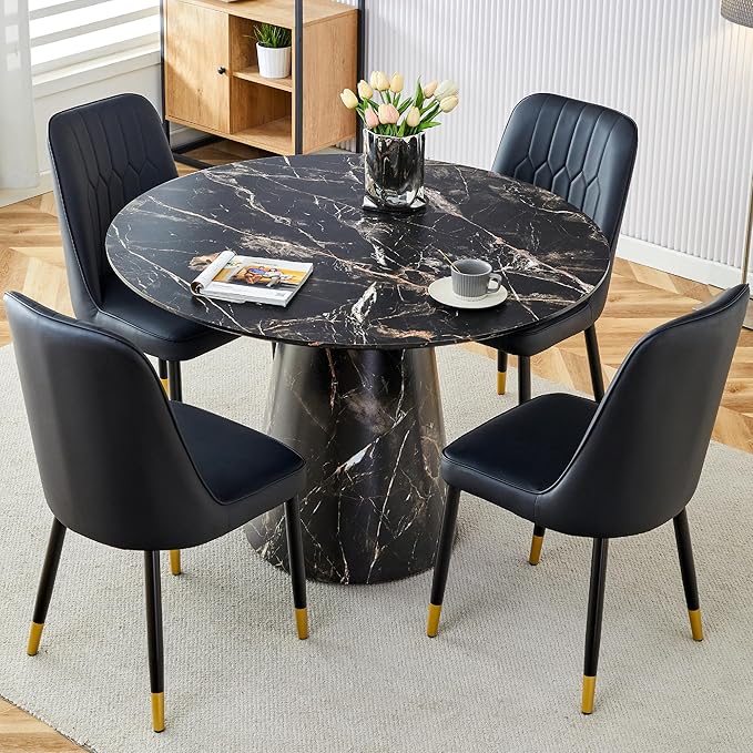 45 Inch Round Dining Table Set for 4, 5 Piece Kitchen Table and Chairs Set, Black Faux Marble Table Top, Small Space Dining Set for Apartment or Dining Room