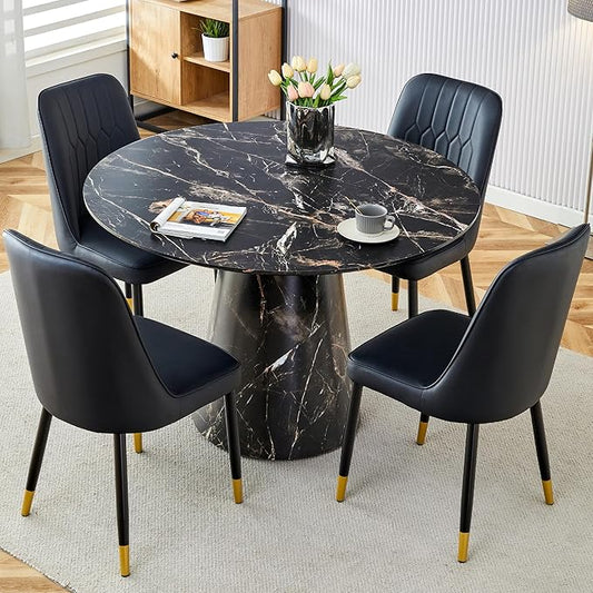 45 Inch Round Dining Table Set for 4, 5 Piece Kitchen Table and Chairs Set, Black Faux Marble Table Top, Small Space Dining Set for Apartment or Dining Room
