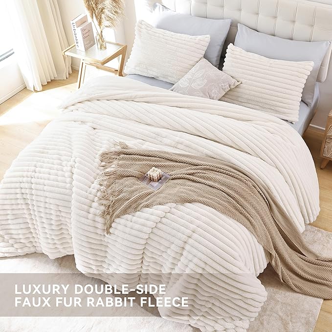 Smoofy Fluffy Queen Comforter Set 3 Pieces - Cream White Fleece Fluffy Comforter Set, Luxury Fuzzy Queen Bedding Set, Soft Warm Bed Set All Season, Heavy Faux Fur Comforter with 2 Pillow Cases