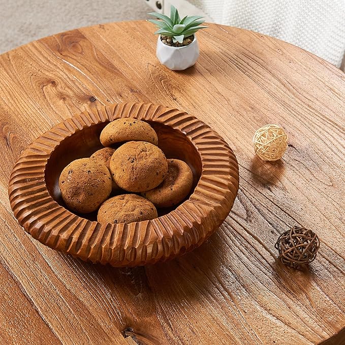 Teak Handcrafted Wooden Bowls Natural Wood Round Utility Bowl 15.7" W Handmade Rustic Serving Platter Fruit Snack Holder for Entry Table Vintage Artworks Dining Room Home Décor