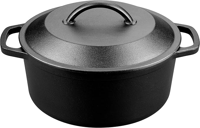 Pre-Seasoned Cast Iron Dutch Oven with Lid, Round and Dual Handles, for Stovetop, Camping, Grill, Induction, Electric, Black, 3 qt
